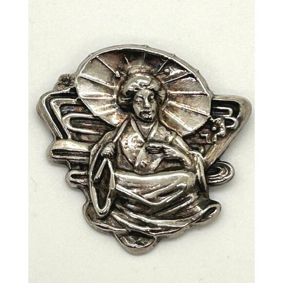 Silver-tone Geisha with Parasol Brooch Pin Vintage Art Deco Style Elegant - Picture 3 of 7